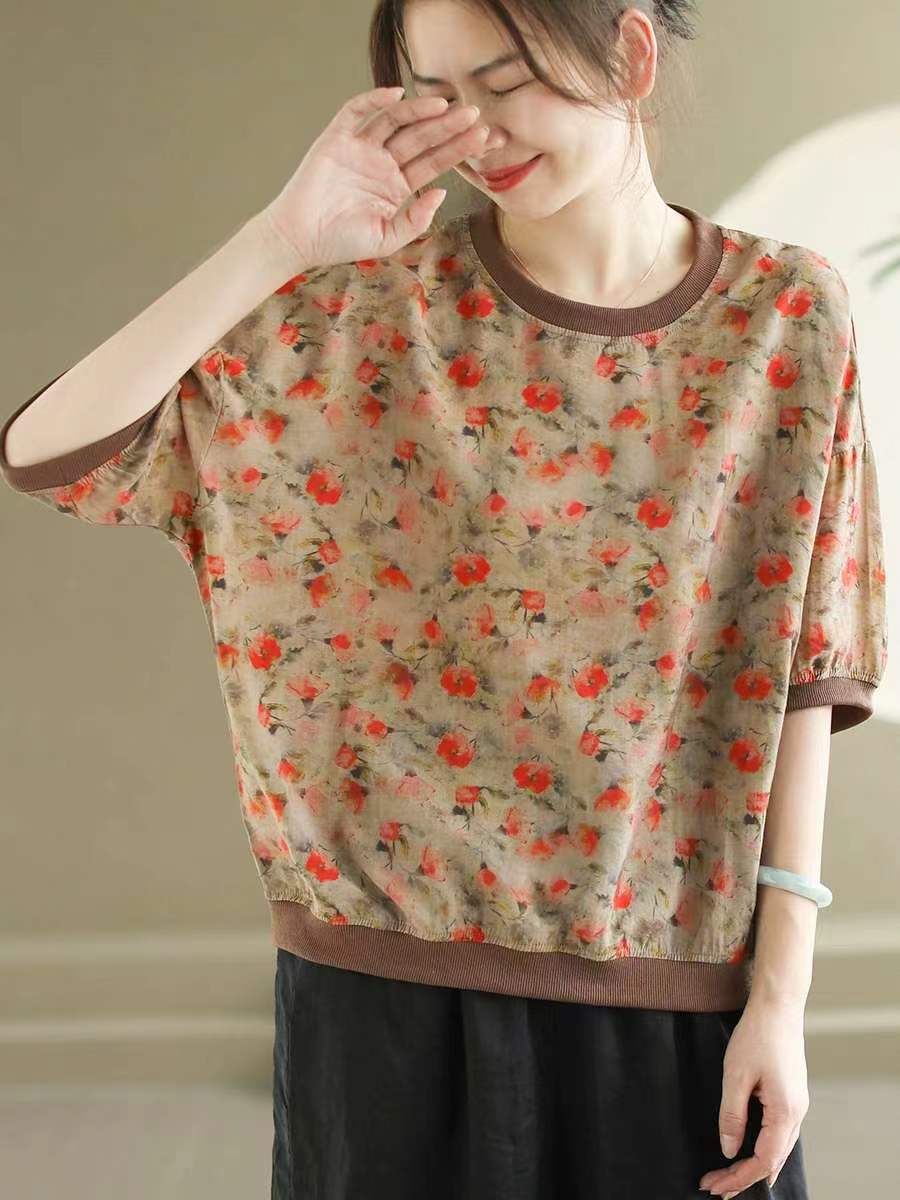 Women Summer Linen Retro Floral Printed T-shirt