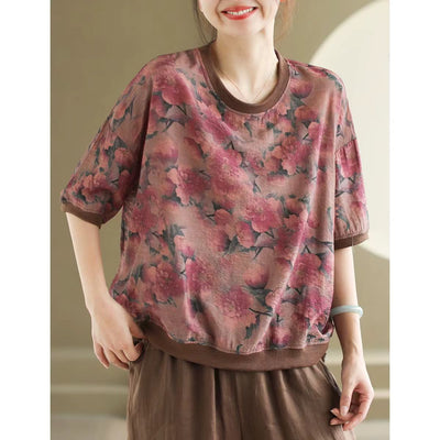 Women Summer Linen Retro Floral Printed T-shirt