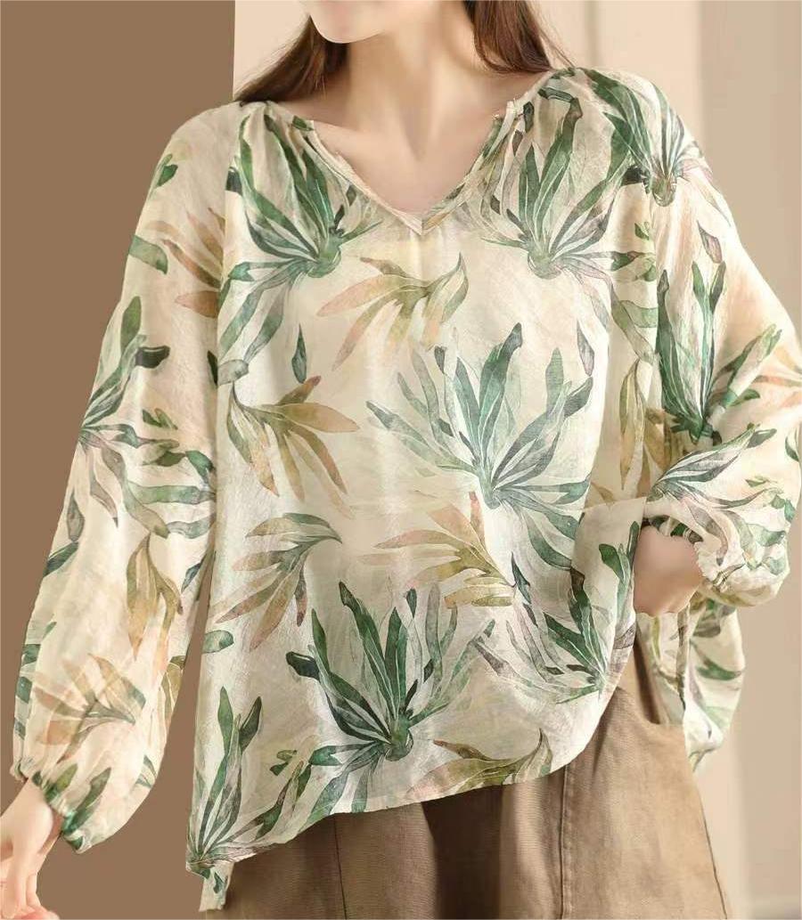 Women Summer Linen Retro Floral Printed Shirt