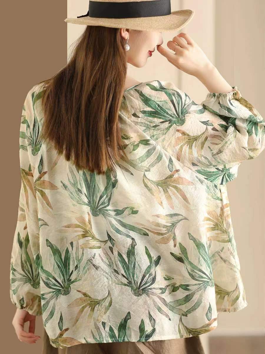 Women Summer Linen Retro Floral Printed Shirt