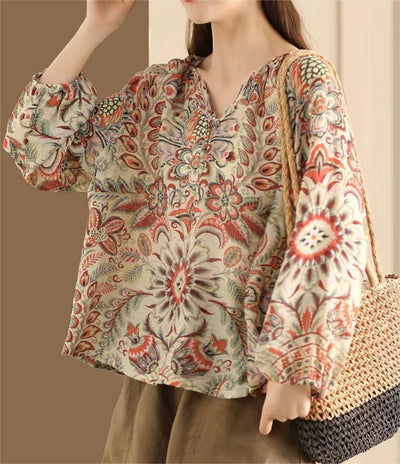 Women Summer Linen Retro Floral Printed Shirt