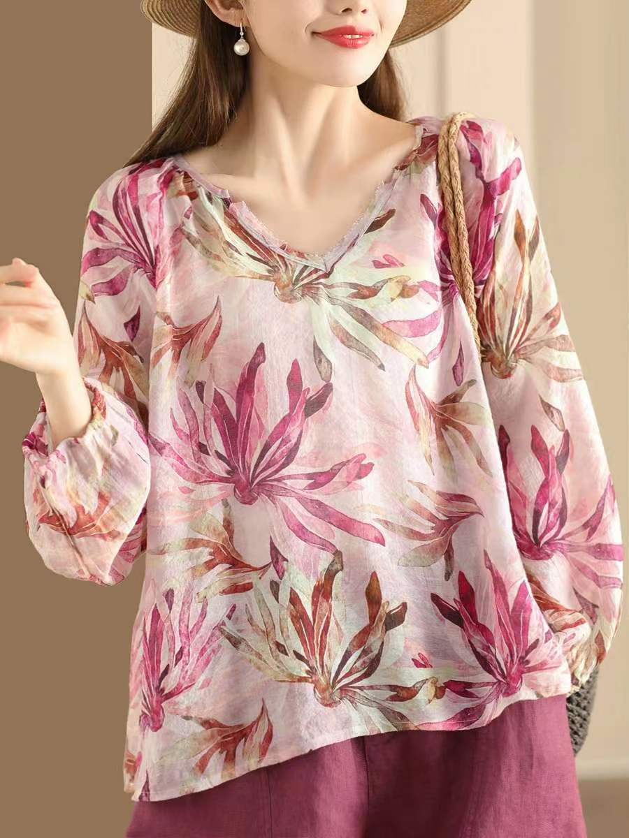 Women Summer Linen Retro Floral Printed Shirt