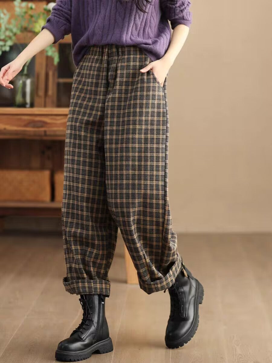 Women Retro Plaid Thickened Woolen Wide-Leg Casual Pants