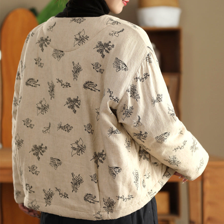 Women Winter Vintage Embroidered Washed Linen Quilted Jacket