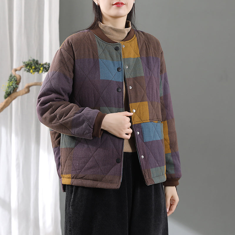 Women Retro Distressed Padded Stand Collar Warm Jacket