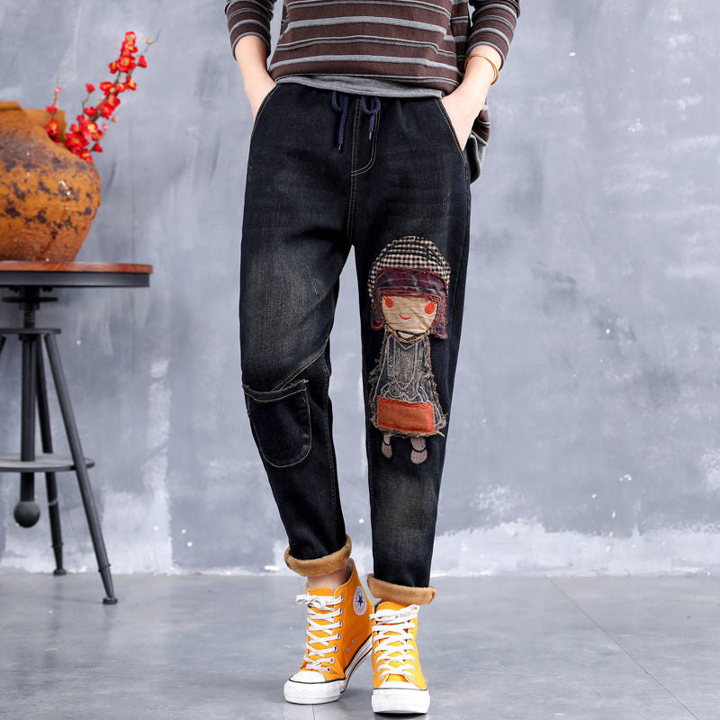 Cartoon Embroidered Plush Warmth Washed Jeans