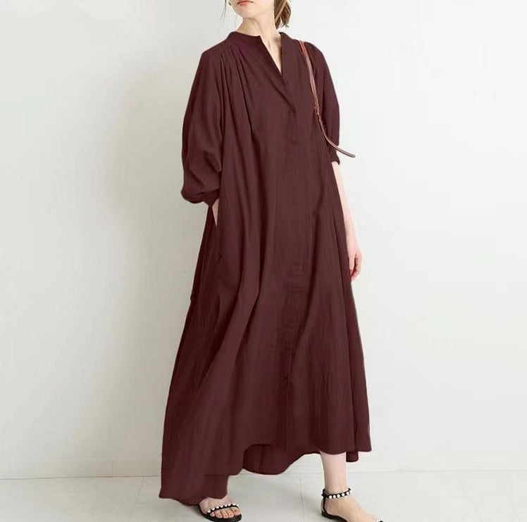 Casual Solid Color Puff Sleeve Pleated Cotton Linen Midi Shirtdress