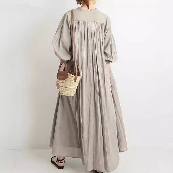 Casual Solid Color Puff Sleeve Pleated Cotton Linen Midi Shirtdress