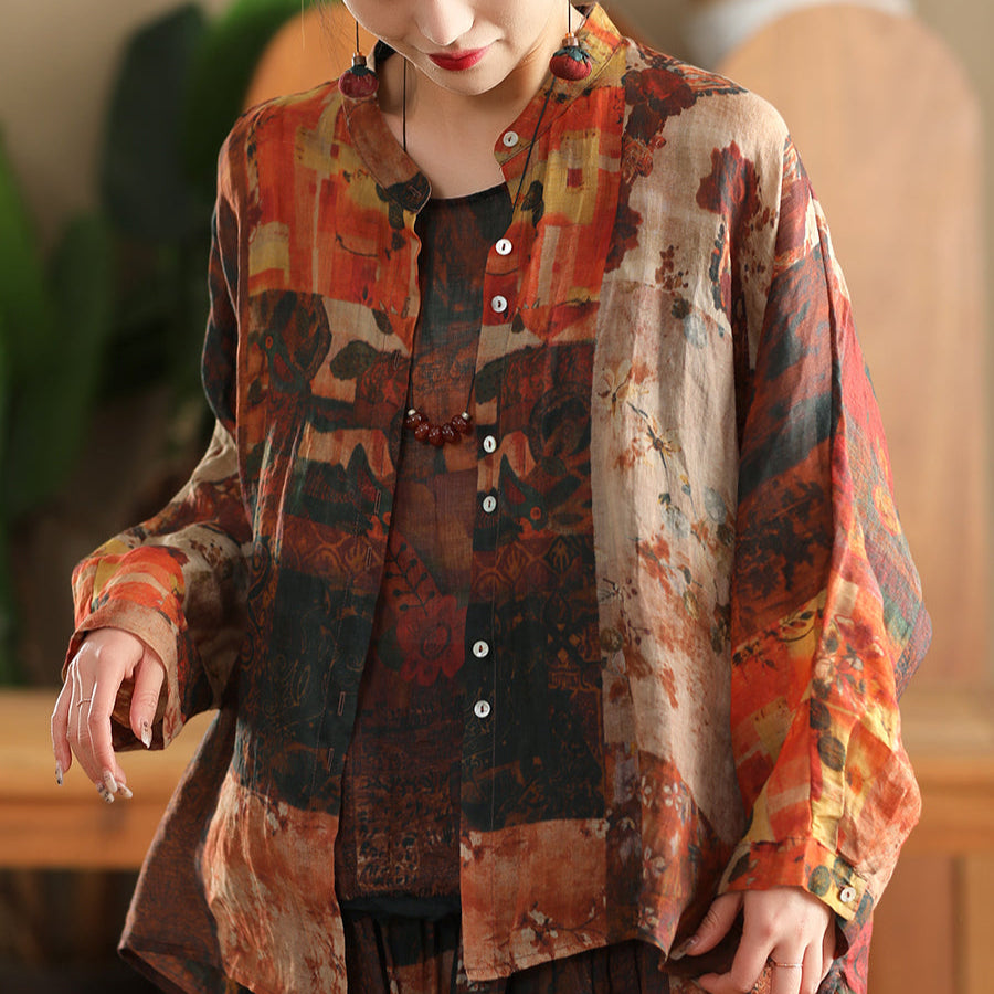 Women Spring Retro Printed Floral Ramie Shirt Blouse