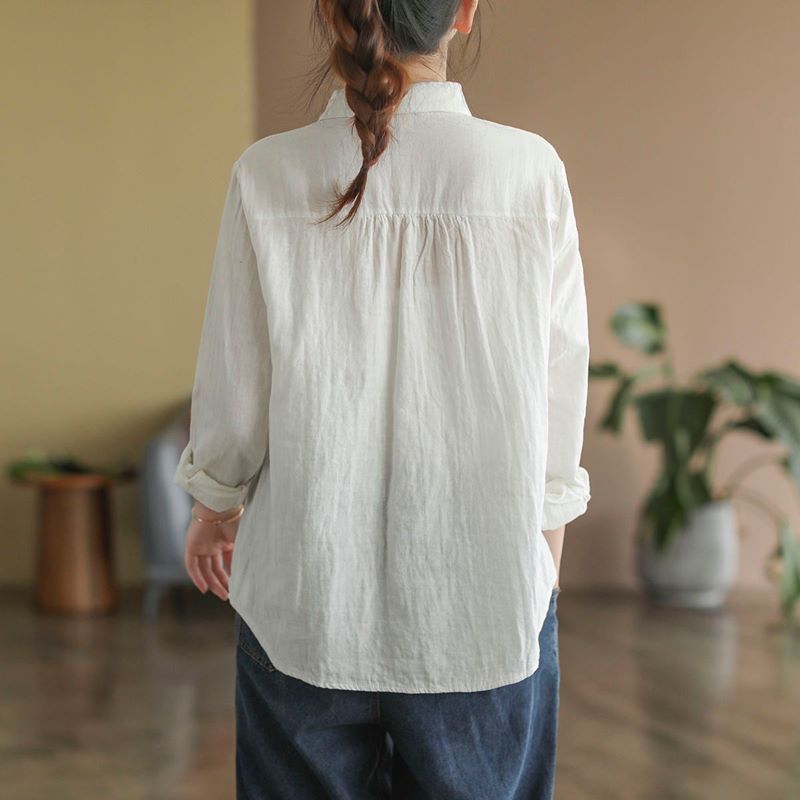 Classic Floral Embroidered Cotton Linen Shirt