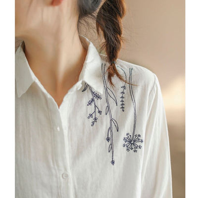 Classic Floral Embroidered Cotton Linen Shirt