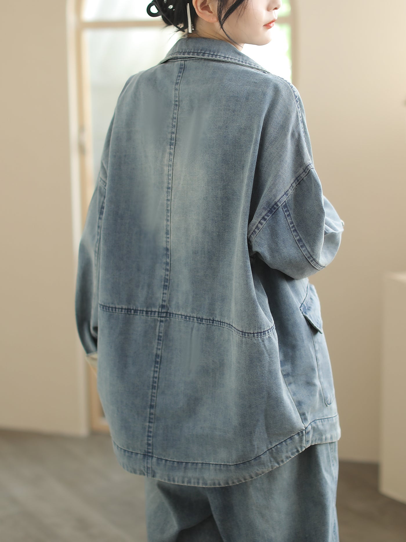 Ladies Retro Loose Washed Lapel Denim Jacket