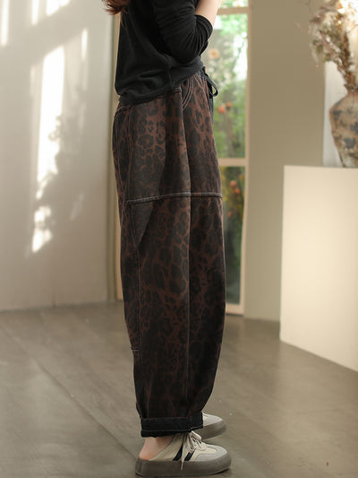 Women Loose Vintage Leopard Printed Thickened Warm Jeans