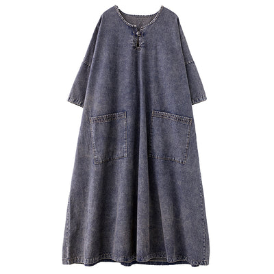 Vintage Distressed Washed Denim Dress with Large Pockets