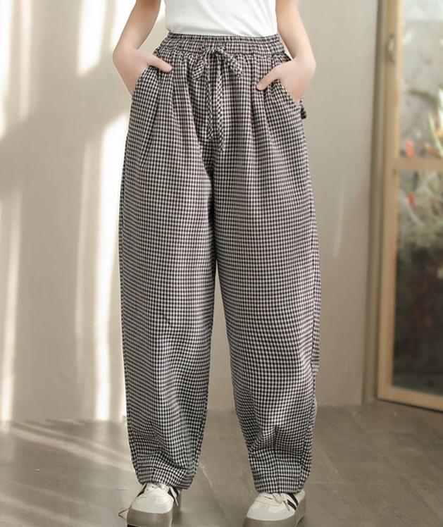 Casual Loose Plaid Elastic Waist Padded Cotton Pants for Women