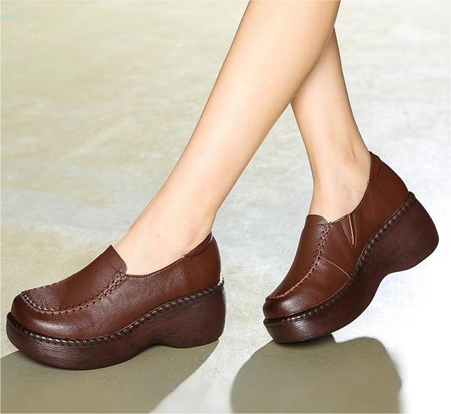 Elegant Leather Shoes Retro Platform Wedge Shoes