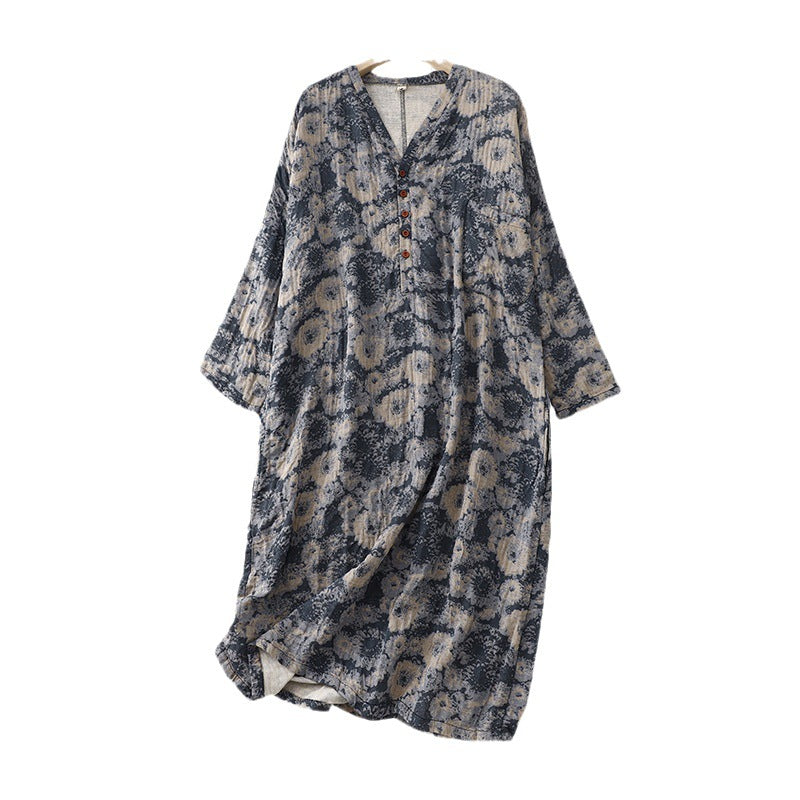 Elegant Printed V-Neck Cotton Linen Dresses