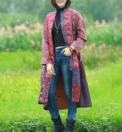 Ethnic Printed Color Block Stand Collar Loose Coats