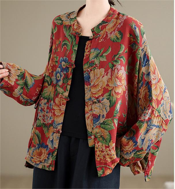 Women Ethnic Retro Floral Chinese Frogs Loose Shirt