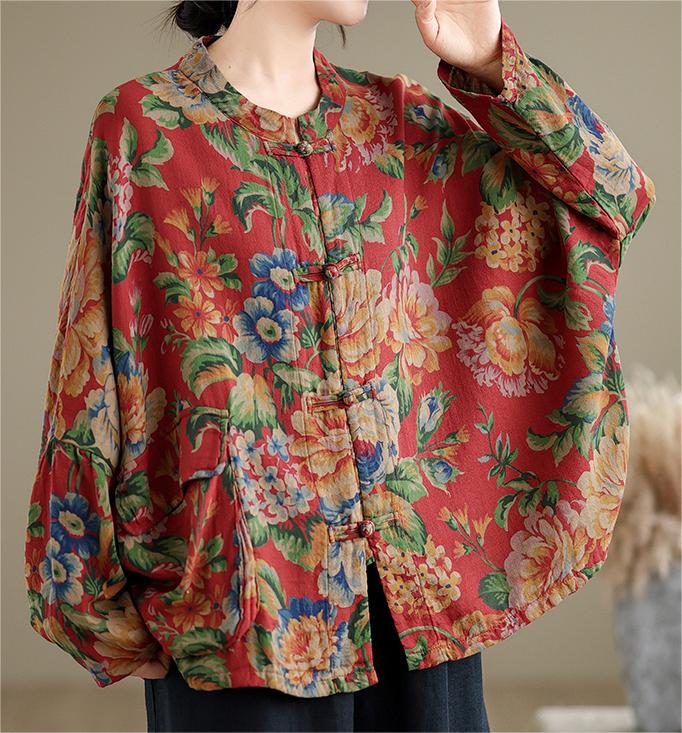 Women Ethnic Retro Floral Chinese Frogs Loose Shirt