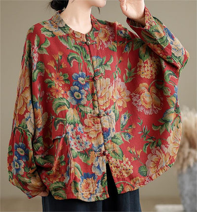 Women Ethnic Retro Floral Chinese Frogs Loose Shirt