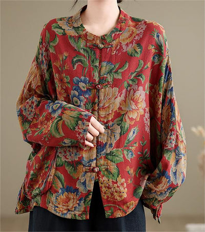 Women Ethnic Retro Floral Chinese Frogs Loose Shirt