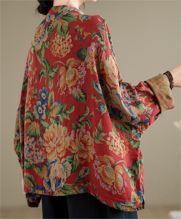 Women Ethnic Retro Floral Chinese Frogs Loose Shirt