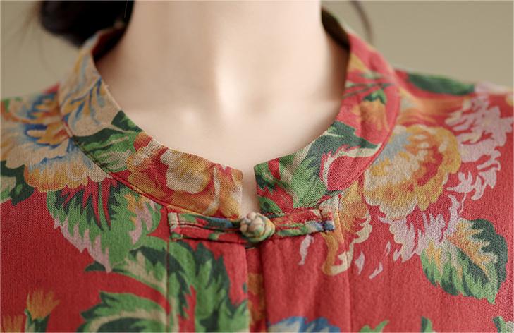 Women Ethnic Retro Floral Chinese Frogs Loose Shirt