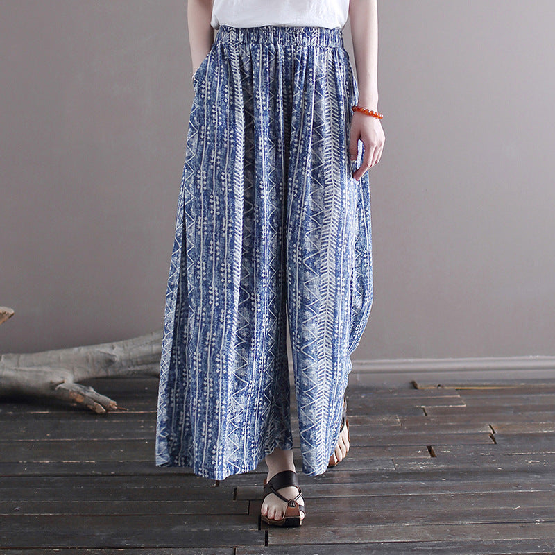 Ethnic Style Loose Wide-Leg Cotton Linen Pants