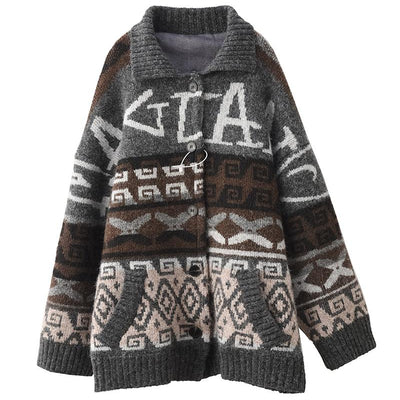 Women Winter Retro Jacquard Wool Knit Warm Cardigan