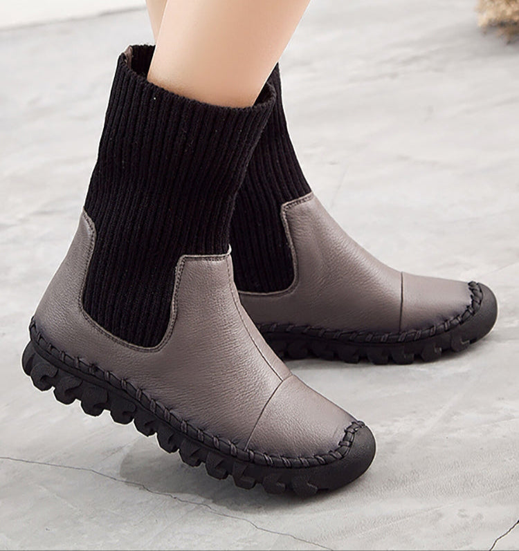 Women Knitted Spliced Genuine Leather Fleece Lining Warm Boots