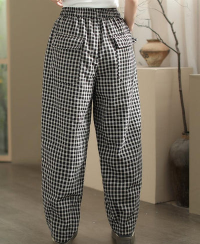 Women Cozy Loose Plaid Elastic Waist Padded Cotton Pants