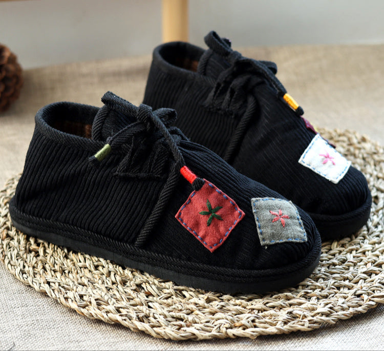 Black Winter Handmade Embroidered Patchwork Warm Cotton Cloth Shoes