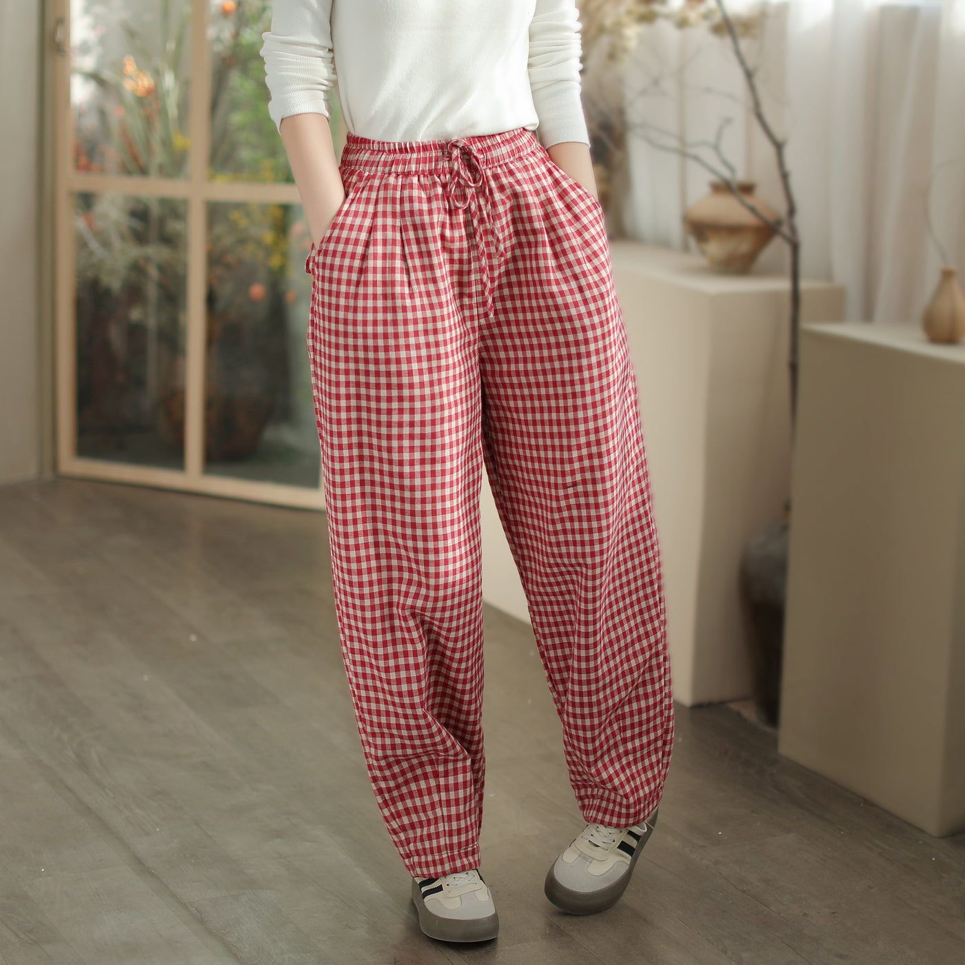 Women Cozy Loose Plaid Elastic Waist Padded Cotton Pants