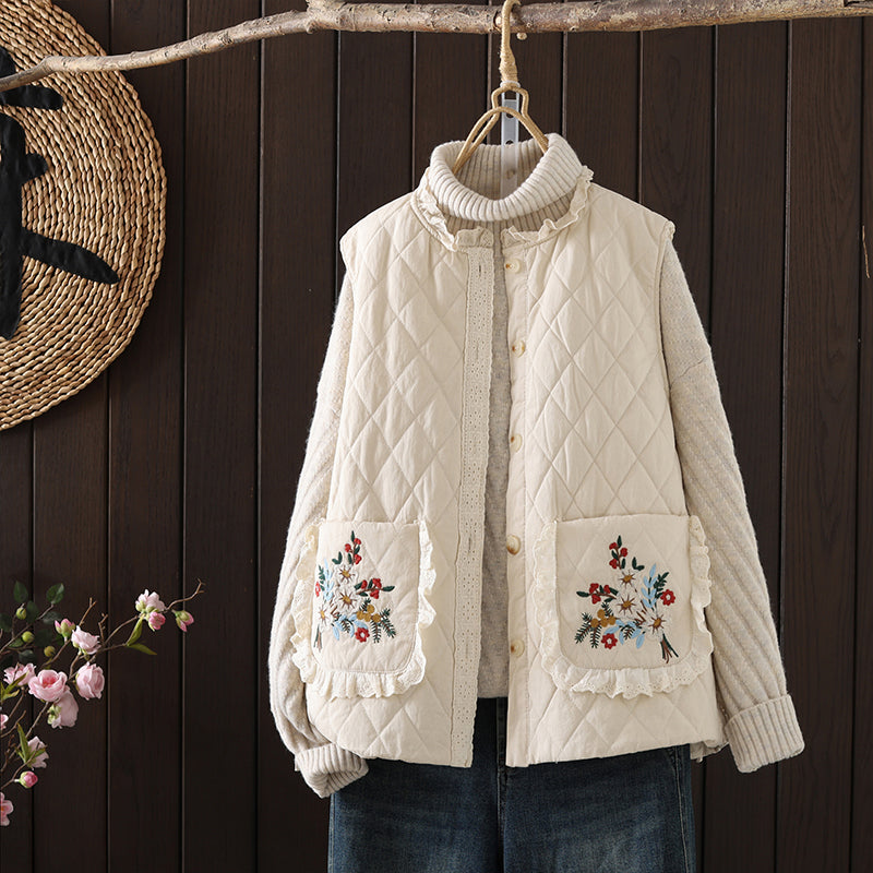 Casual Retro Embroidered Ruffled Quilted Vest for Women