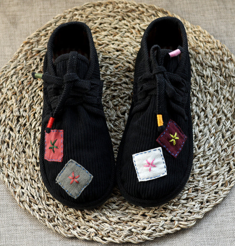 Black Winter Handmade Embroidered Patchwork Warm Cotton Cloth Shoes