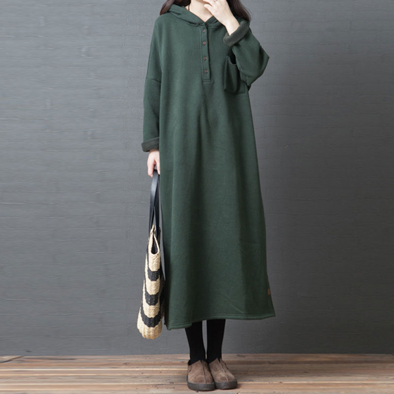 Fleece-Lined Thickened Mid-Length Hooded Sweatshirt Dresses