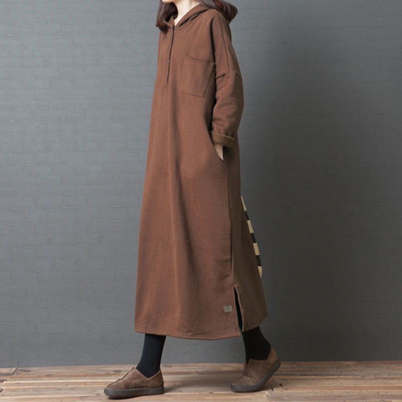 Fleece-Lined Thickened Mid-Length Hooded Sweatshirt Dresses