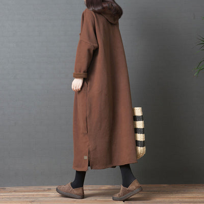 Fleece-Lined Thickened Mid-Length Hooded Sweatshirt Dresses