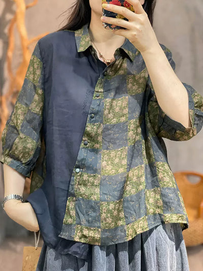 Floral Asymmetric Mid-Sleeve Cotton and Linen Shirt