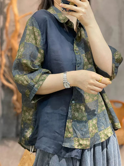 Floral Asymmetric Mid-Sleeve Cotton and Linen Shirt