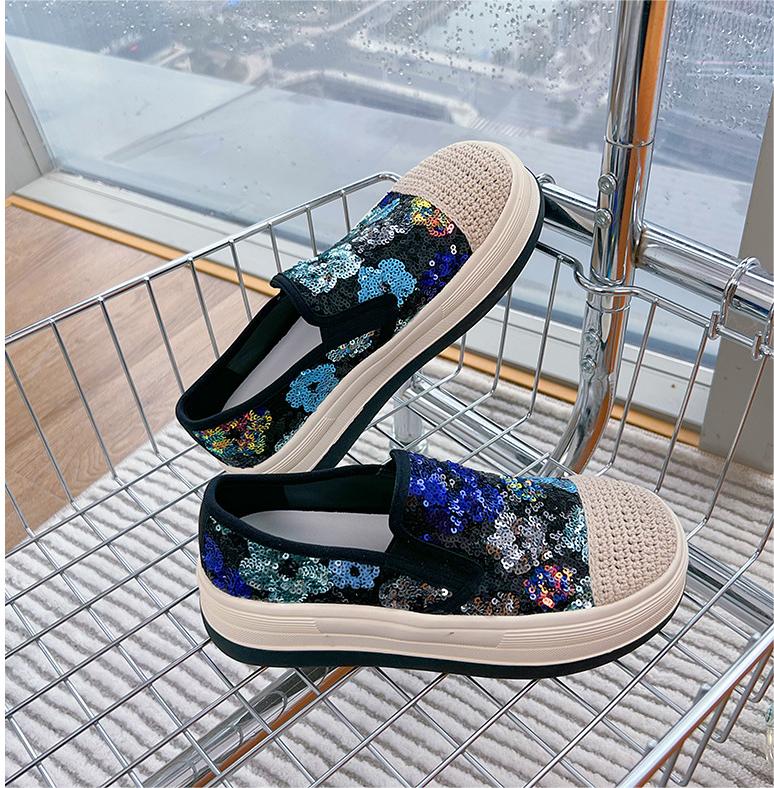 Floral Sequin Woven Slip-Ons Women Canvas Shoes