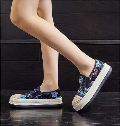 Floral Sequin Woven Slip-Ons Women Canvas Shoes