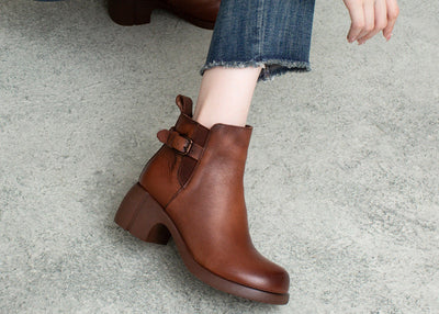 Ladies Retro Minimalist Block Heel Buckle Leather Short Boots