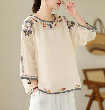 Loose Embroidered Three-Quarter Sleeves Cotton T-Shirts