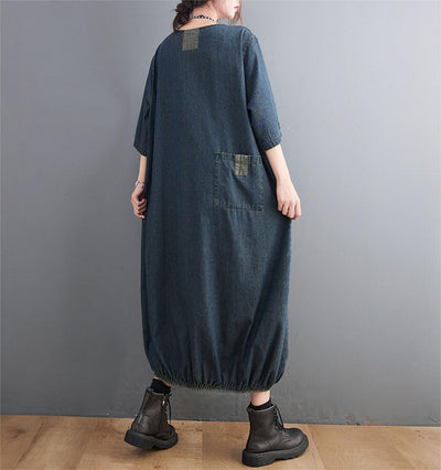 Loose Large Pocket Patchwork Denim Midi Dresses