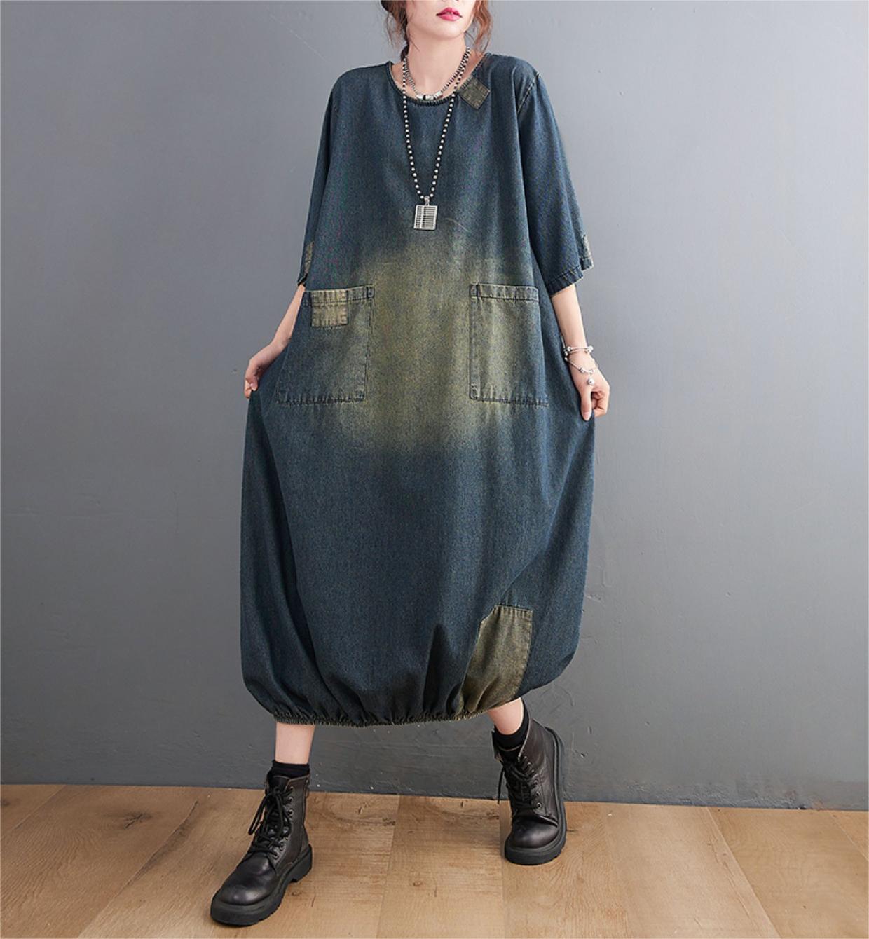 Loose Large Pocket Patchwork Denim Midi Dresses