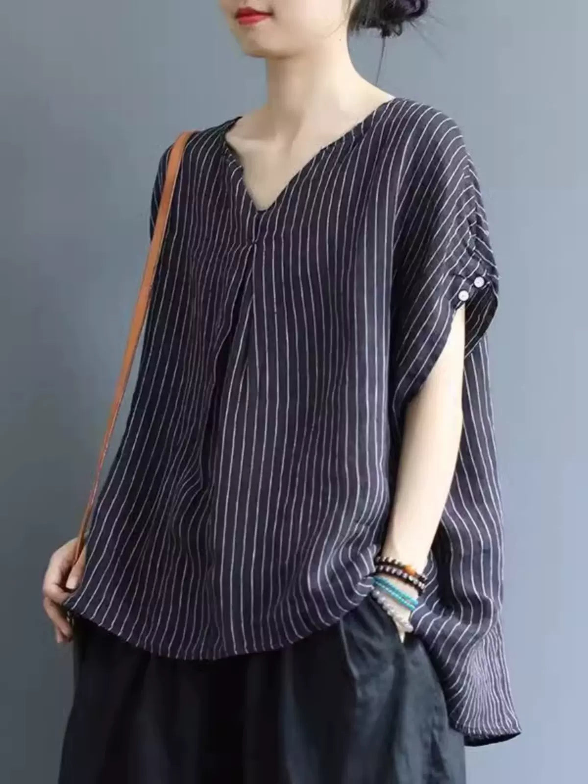 Loose V-Neck Striped Linen T-Shirt for Women