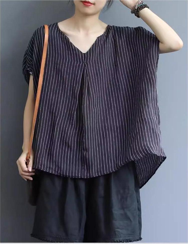 Loose V-Neck Striped Linen T-Shirt for Women