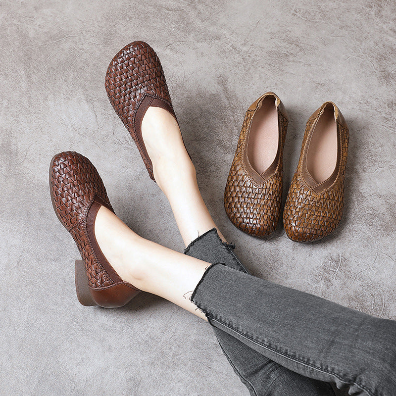 Retro Chunky Heel Soft Sole Woven Handmade Slip-Ons